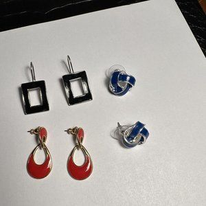 Lot Of 3 Pierced Earrings - Dangle / Stud - Enamel - Black Red Blue